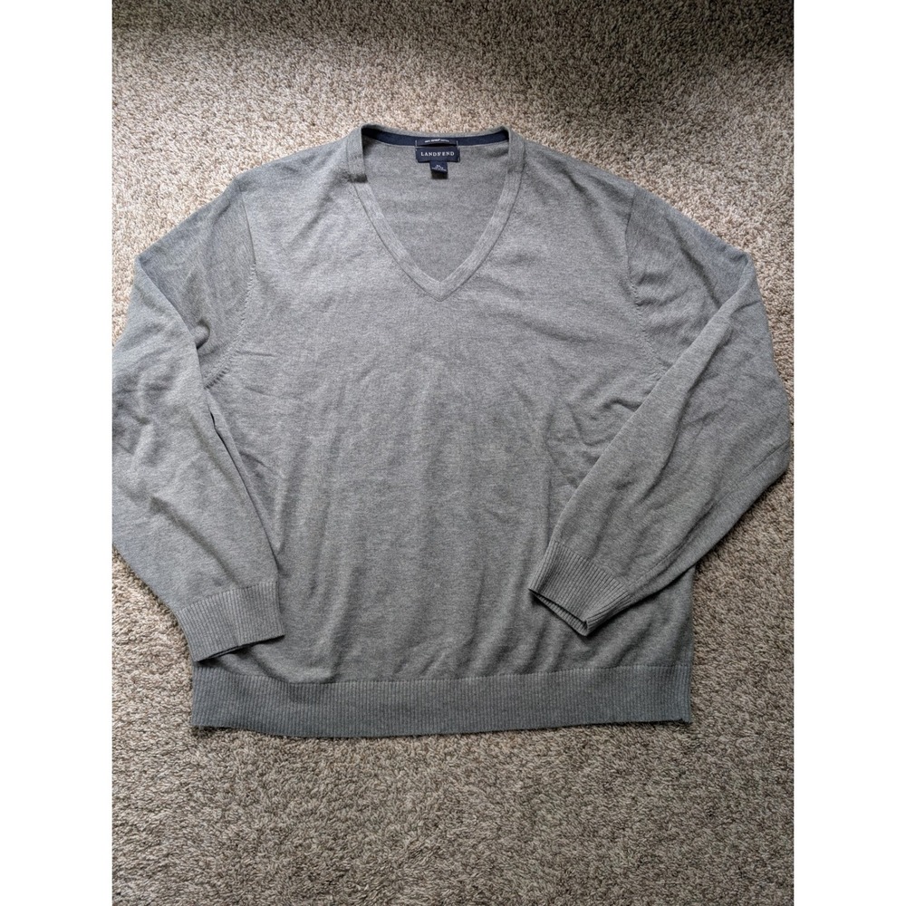 Lands End V-Neck Sweater Mens XL Grey Supima Cotton Fine Knit Classic Pullover